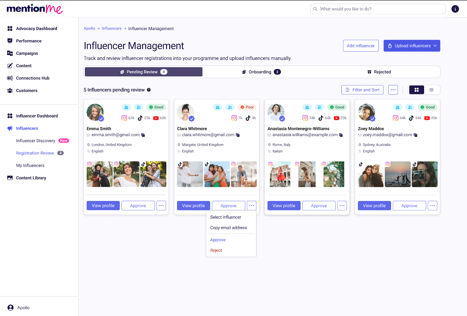 Approval and rejection options for influencer applications