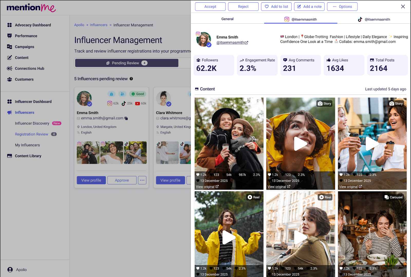 Viewing an influencer's profile details, including their application information and stats
