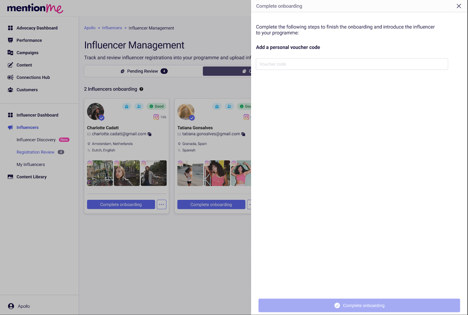 Entering a discount code during the influencer onboarding stage