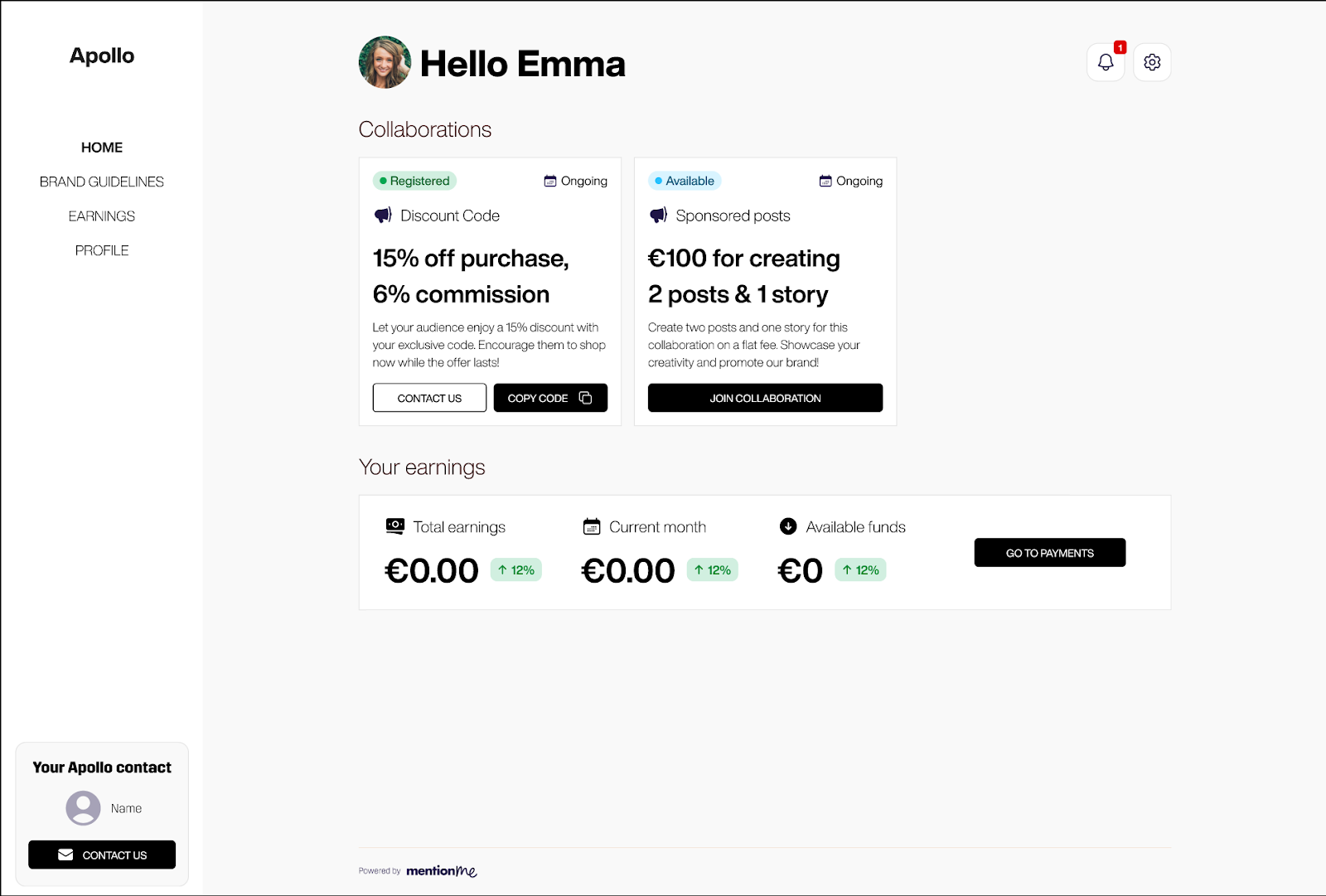 Brand guidelines link highlighted in the top left corner of the influencer dashboard