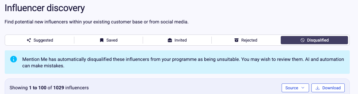 Disqualified tab in the platform showing excluded influencer profiles