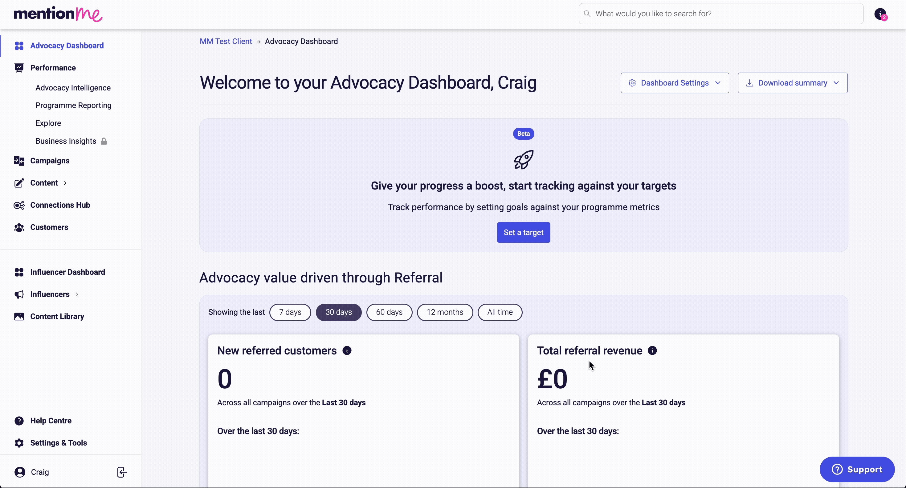 Widget for accessing Submit a Request forms in the Mention Me dashboard