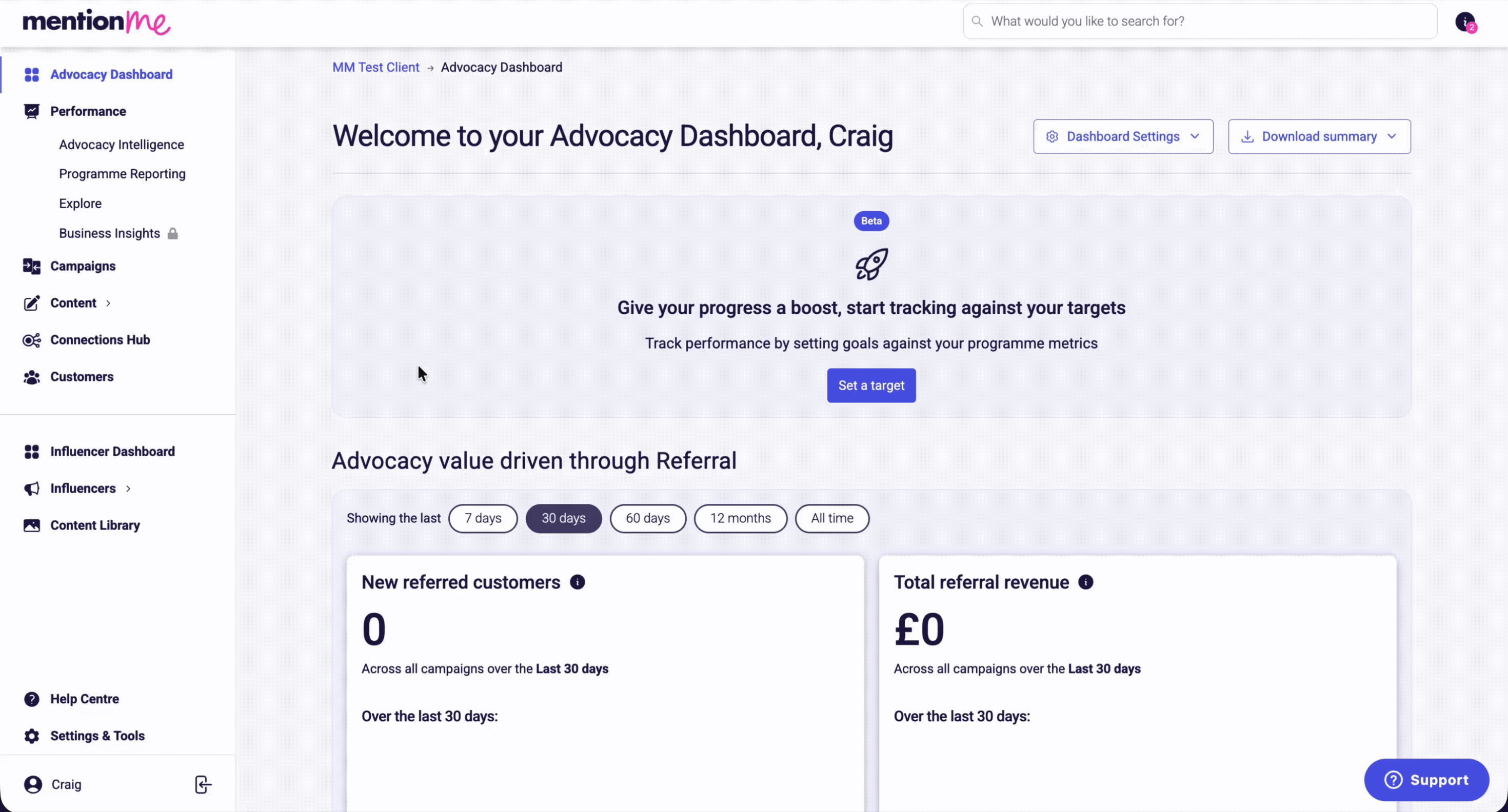 Screen recording of downloading available reports in Mention Me dashboard