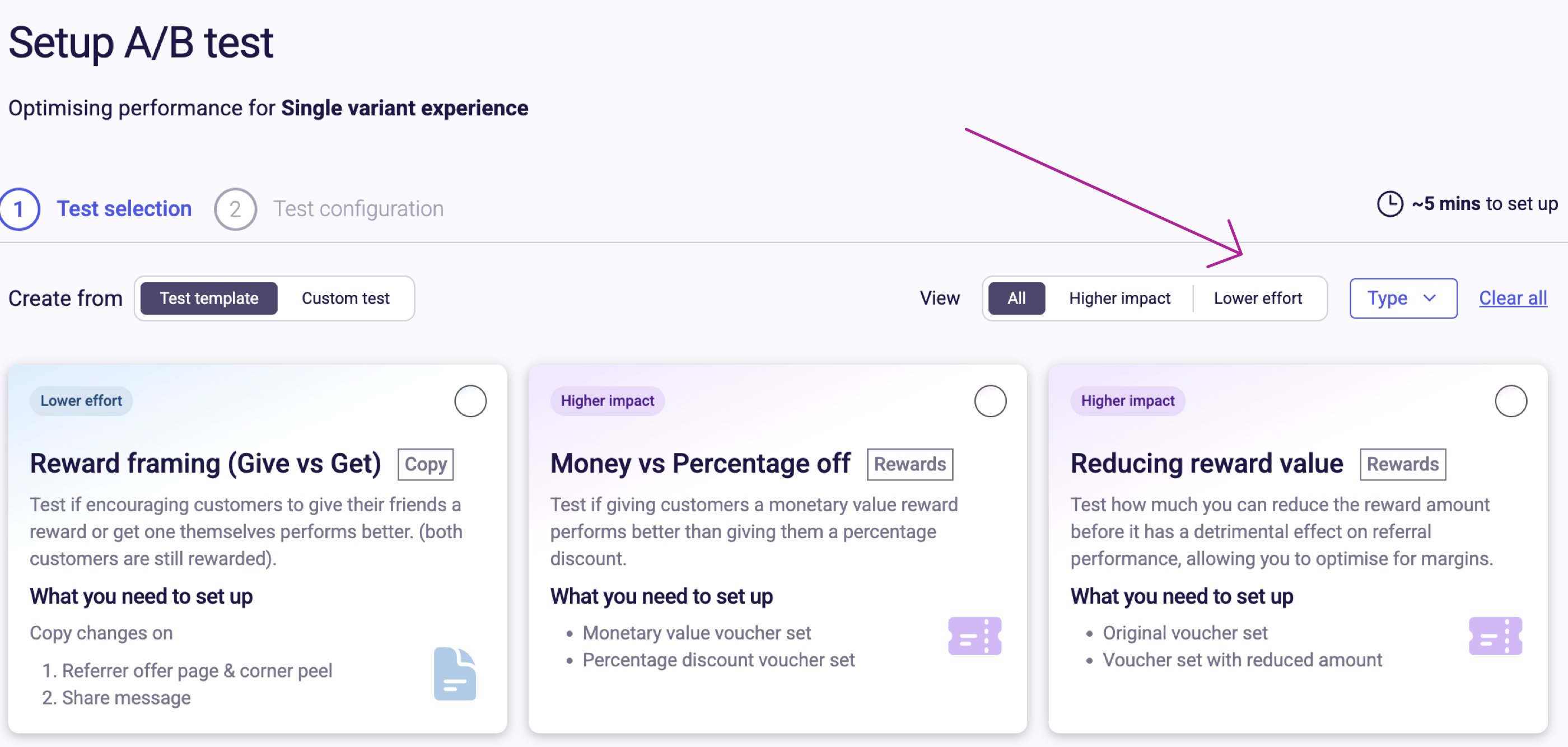 Template gallery for choosing A/B tests, with impact and effort filters