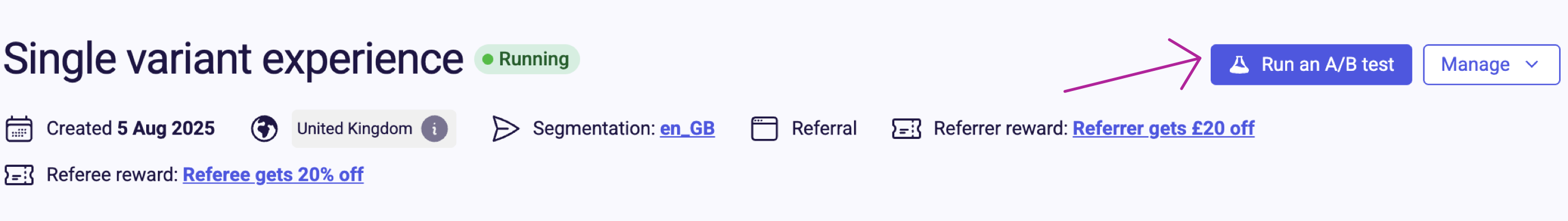 Run an A/B Test button at the top of the campaign dashboard