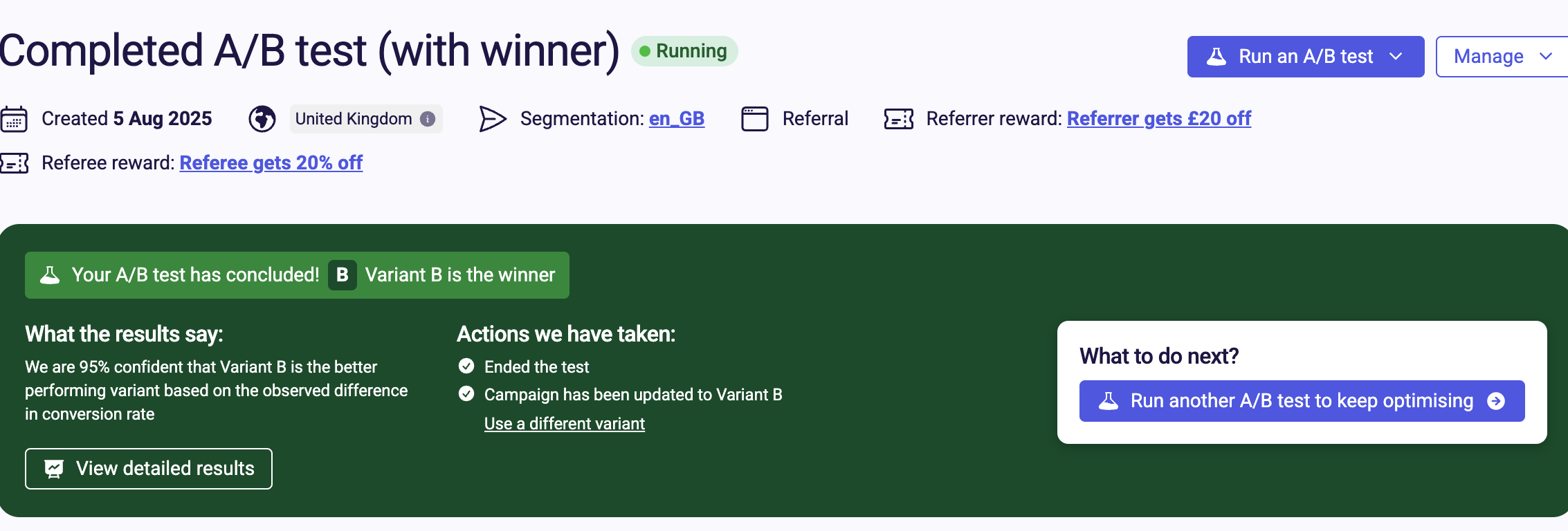 Viewing A/B test outcome and adjusting traffic to variants