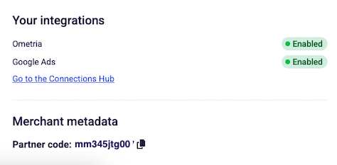 Merchant metadata section showing Partner Code