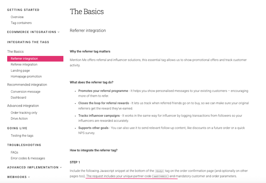 Integration instructions showing Partner Code in step 1