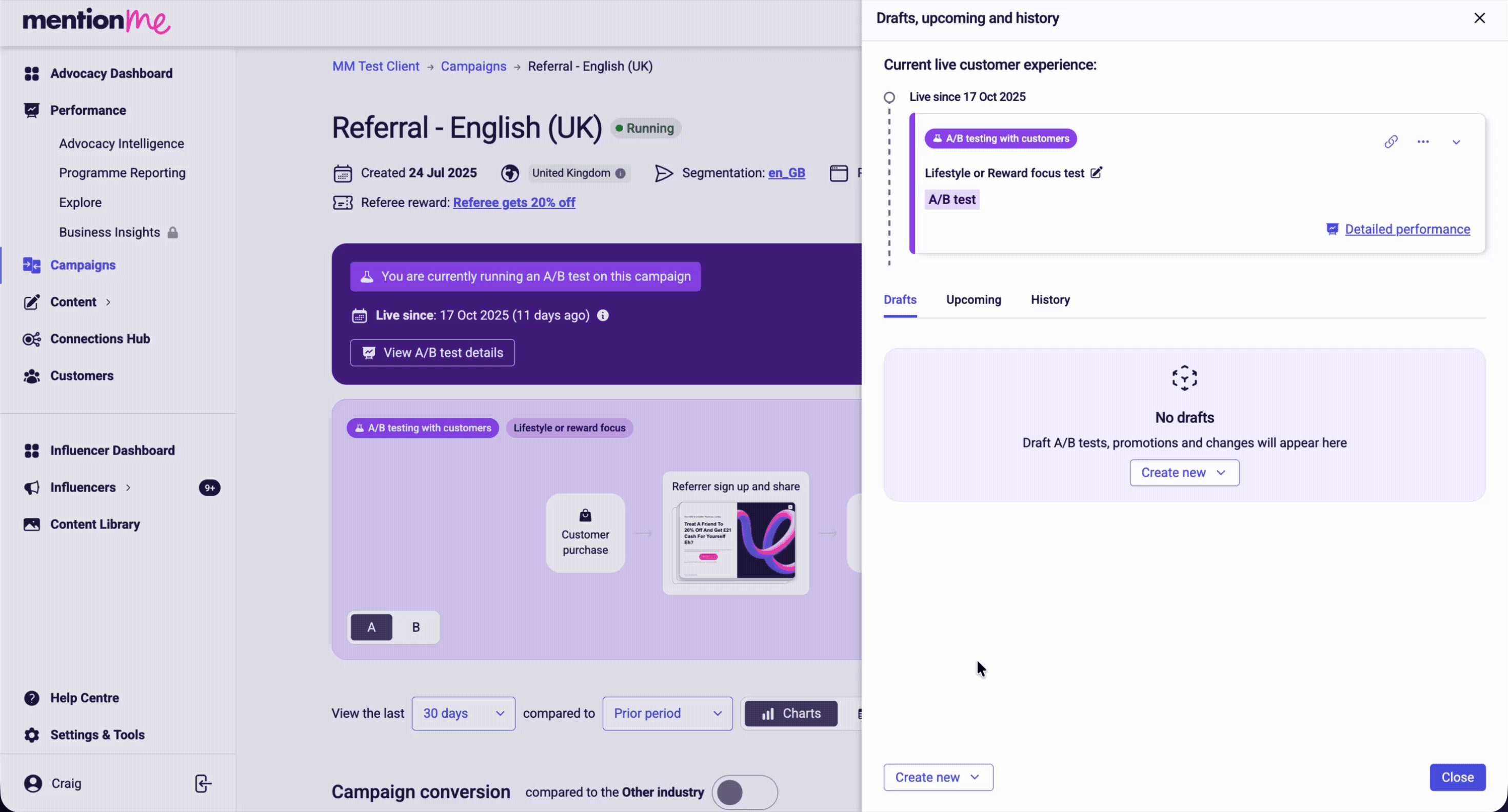A/B testing wizard showing options to select different rewards in Mention Me.