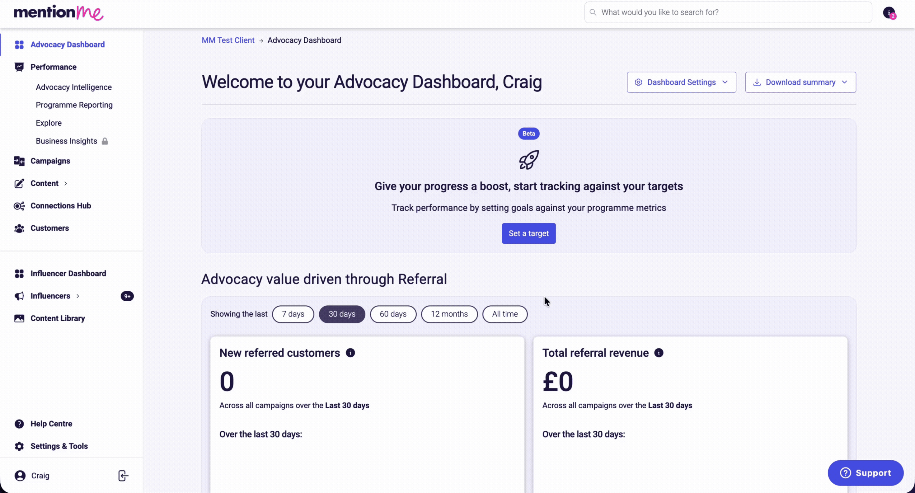 User clicking the 'Manage test' button in Mention Me platform interface.