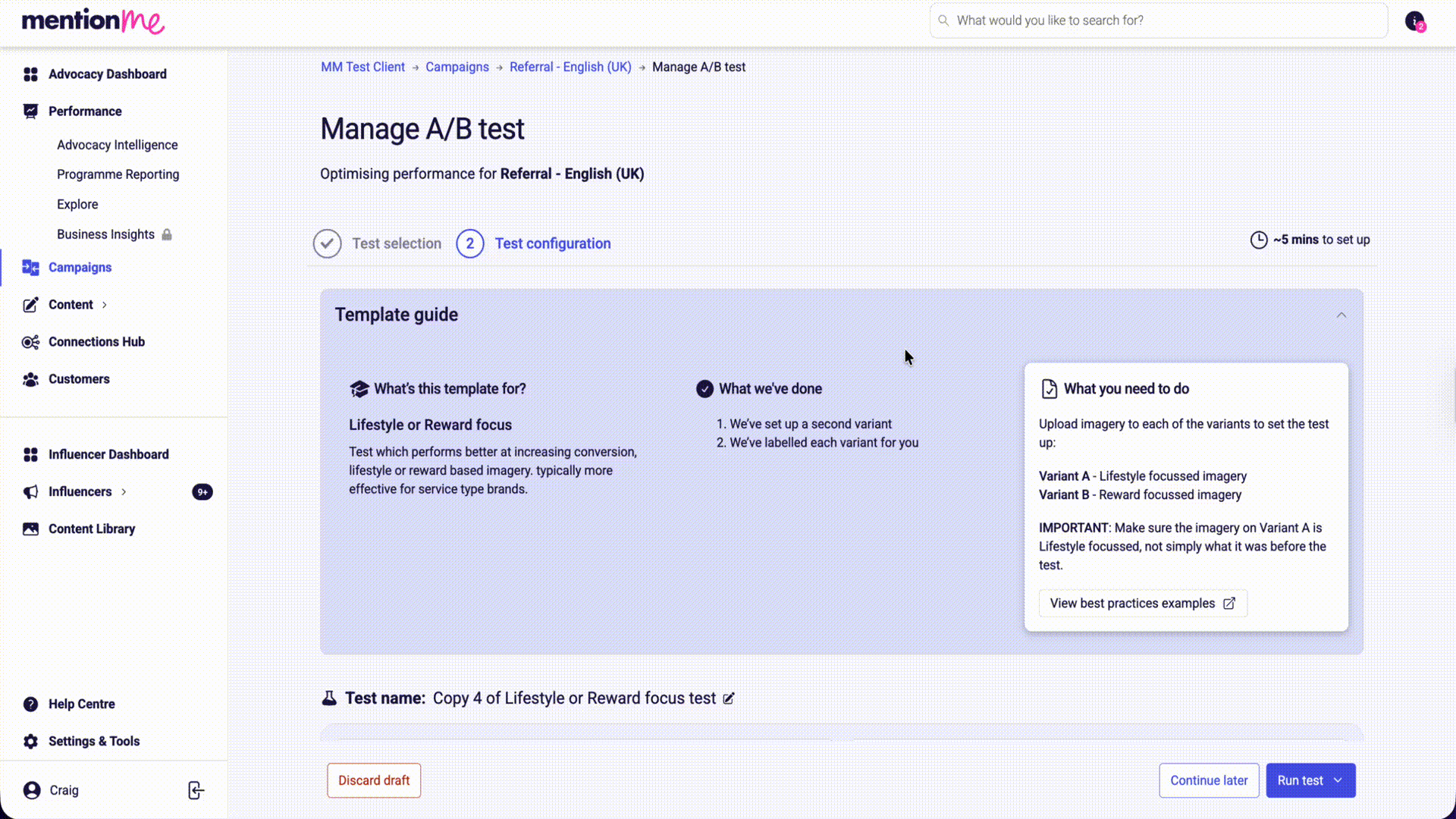 User finalising reward and clicking 'Update and close' in Mention Me platform.