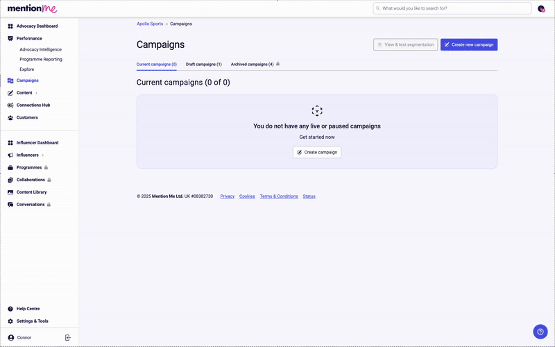 Campaigns section showing reward management options