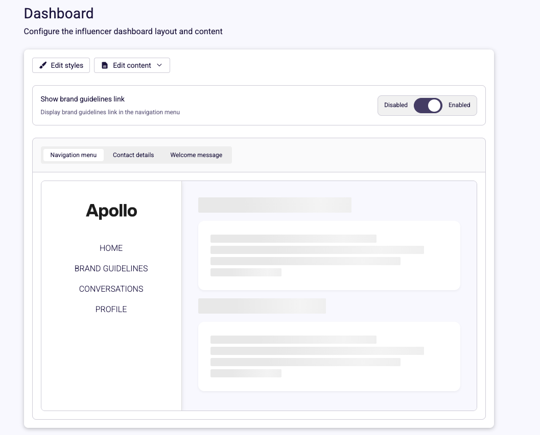 Screenshot of the Influencer Dashboard Editor