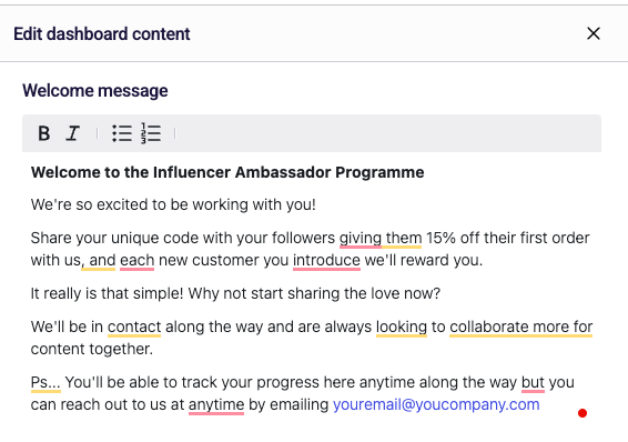 Screenshot of a welcome message example