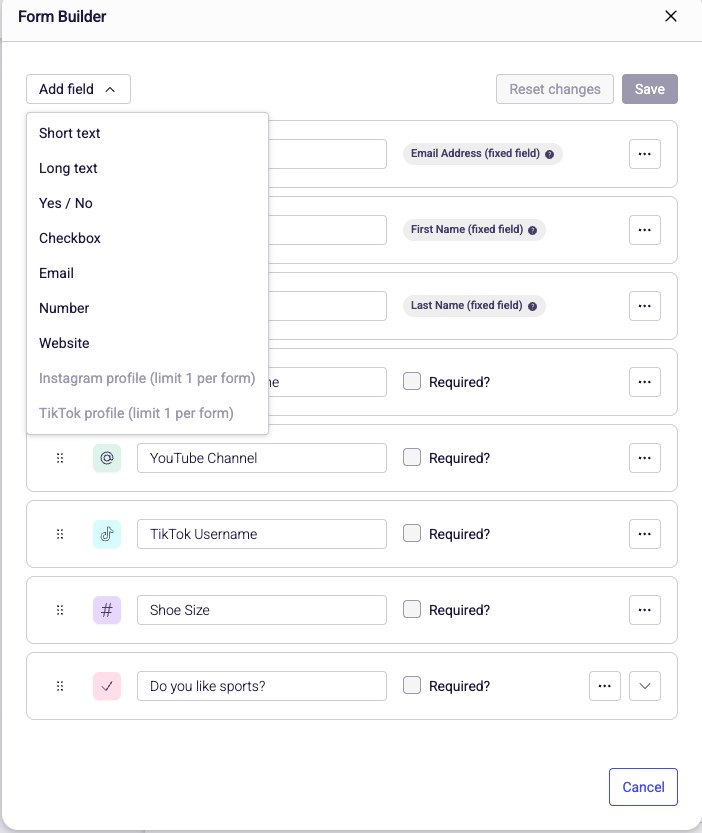 Screenshot of the Edit Form section showing options to manage existing fields and add new ones for data capture