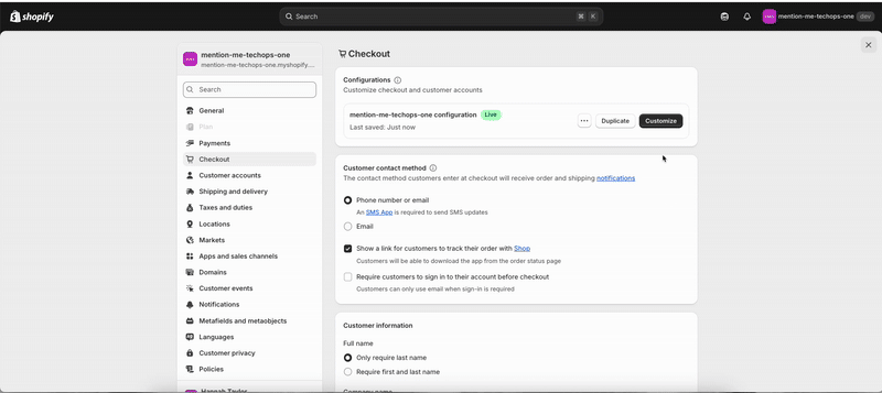 Animated GIF showing the steps to check the Mention Me blocks on Shopify Checkout, Thank You, and Order Status pages.