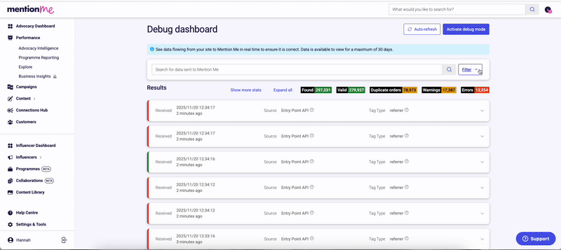 Screenshot of the Mention Me Debug Dashboard showing data flowing in from test transactions.