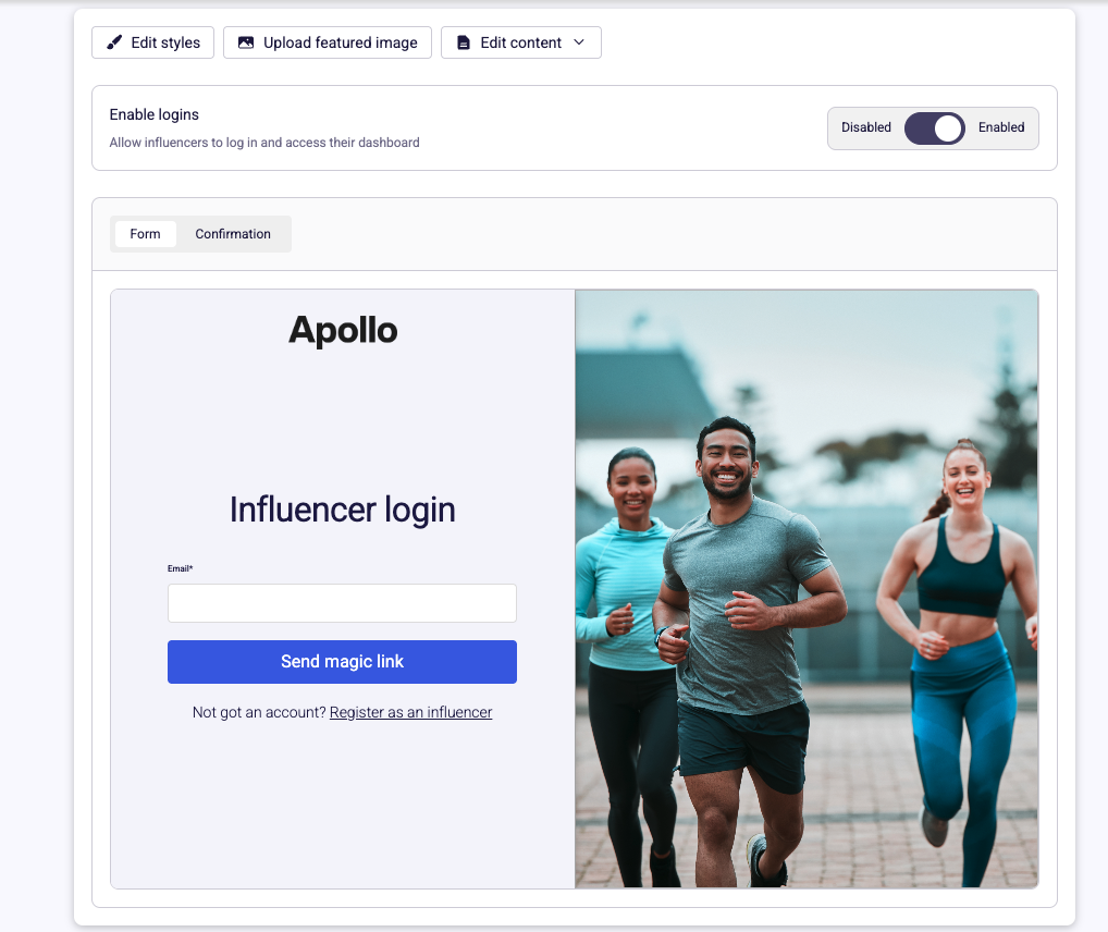 The Influencer Platform login page with customisation options.