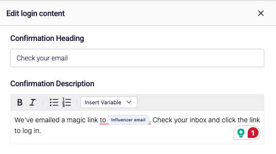 Confirmation page with default copy and magic link email.