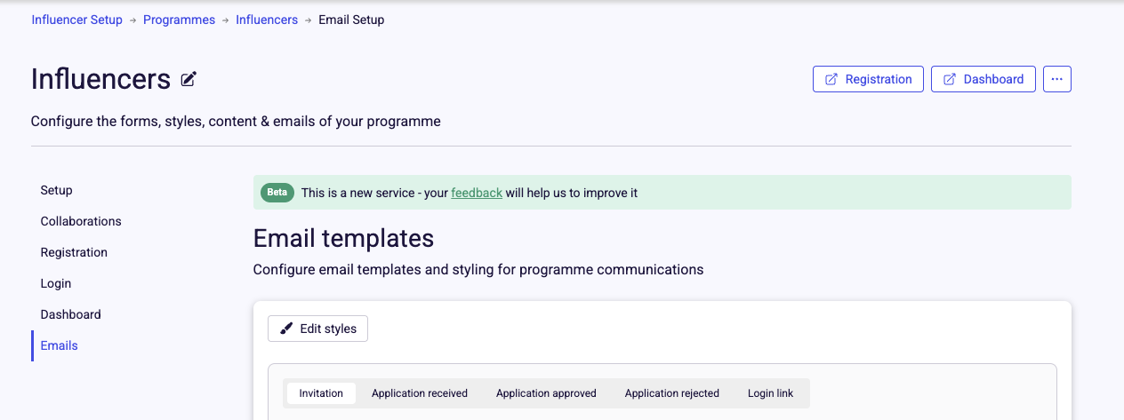 Emails setup section in Mention Me platform