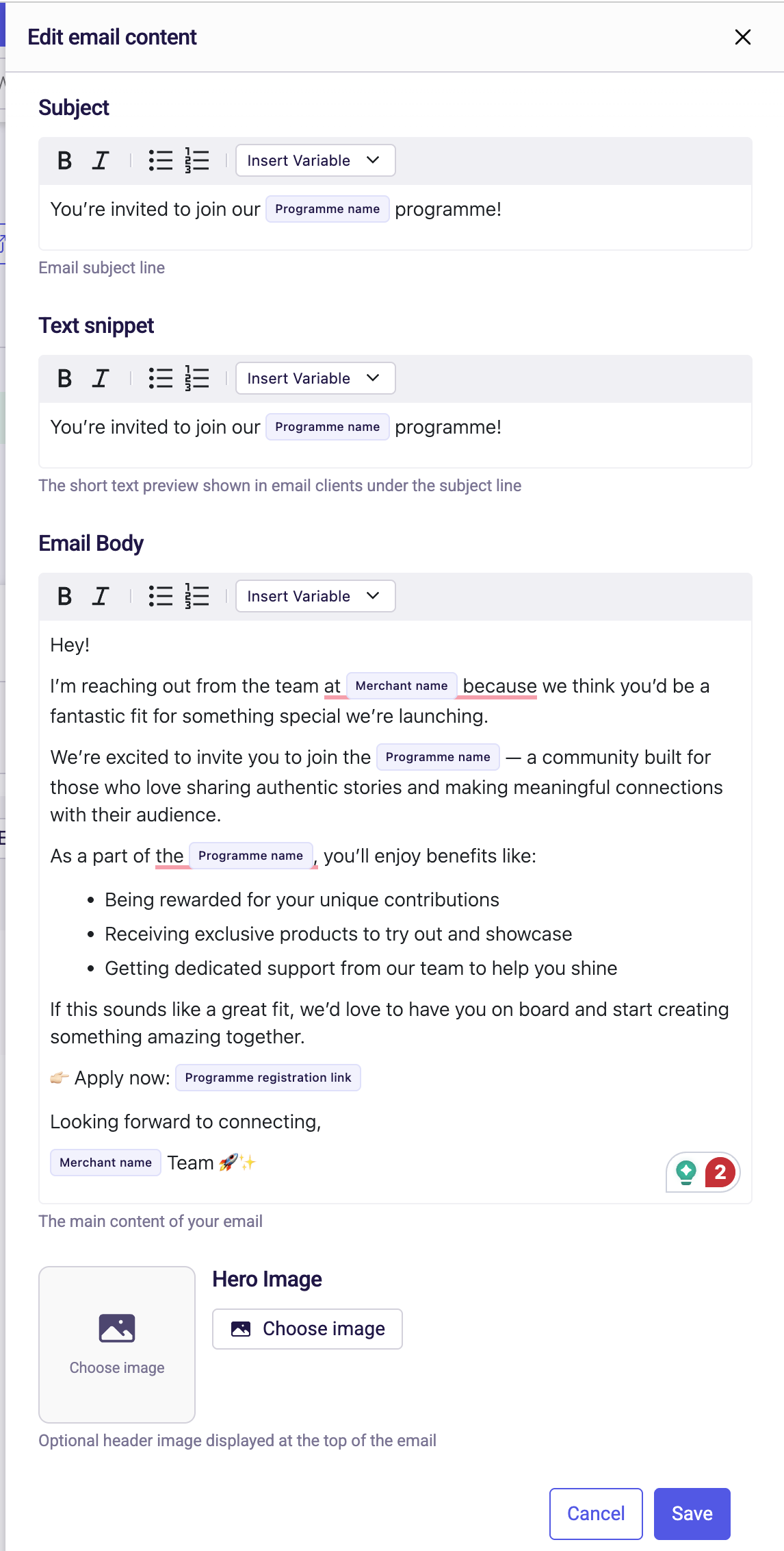 Example of an Invitation Email in the editor