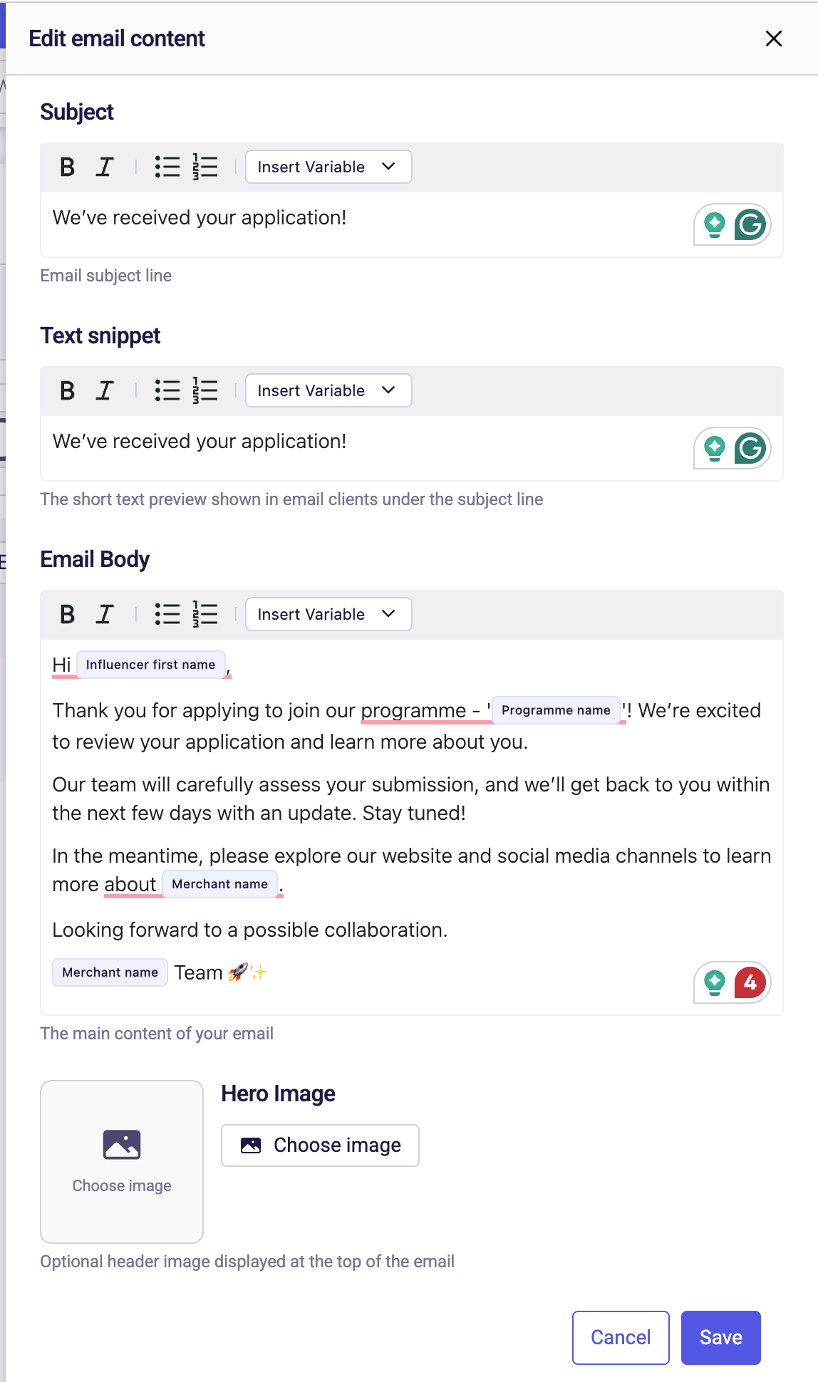 Application Received Email template in the editor