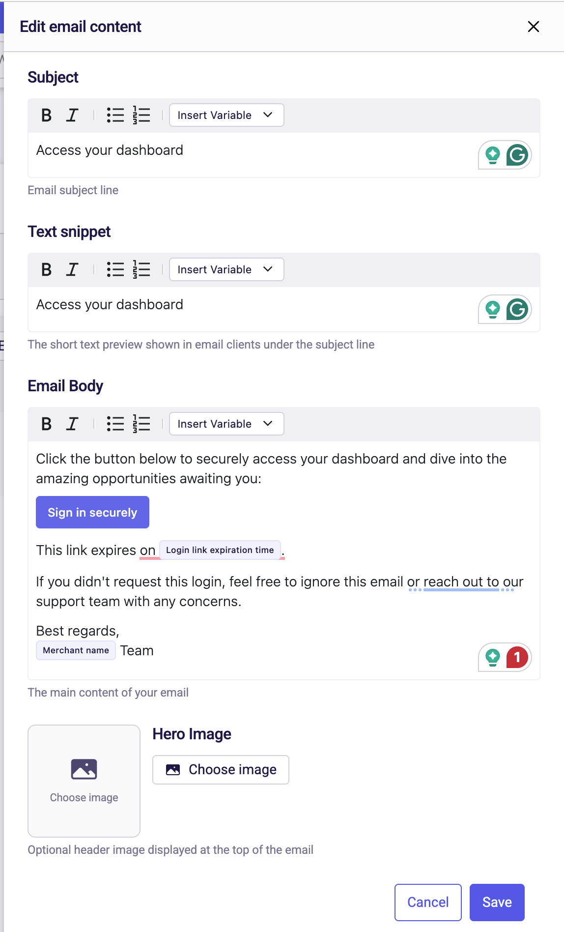 Login Link Email customisation screen