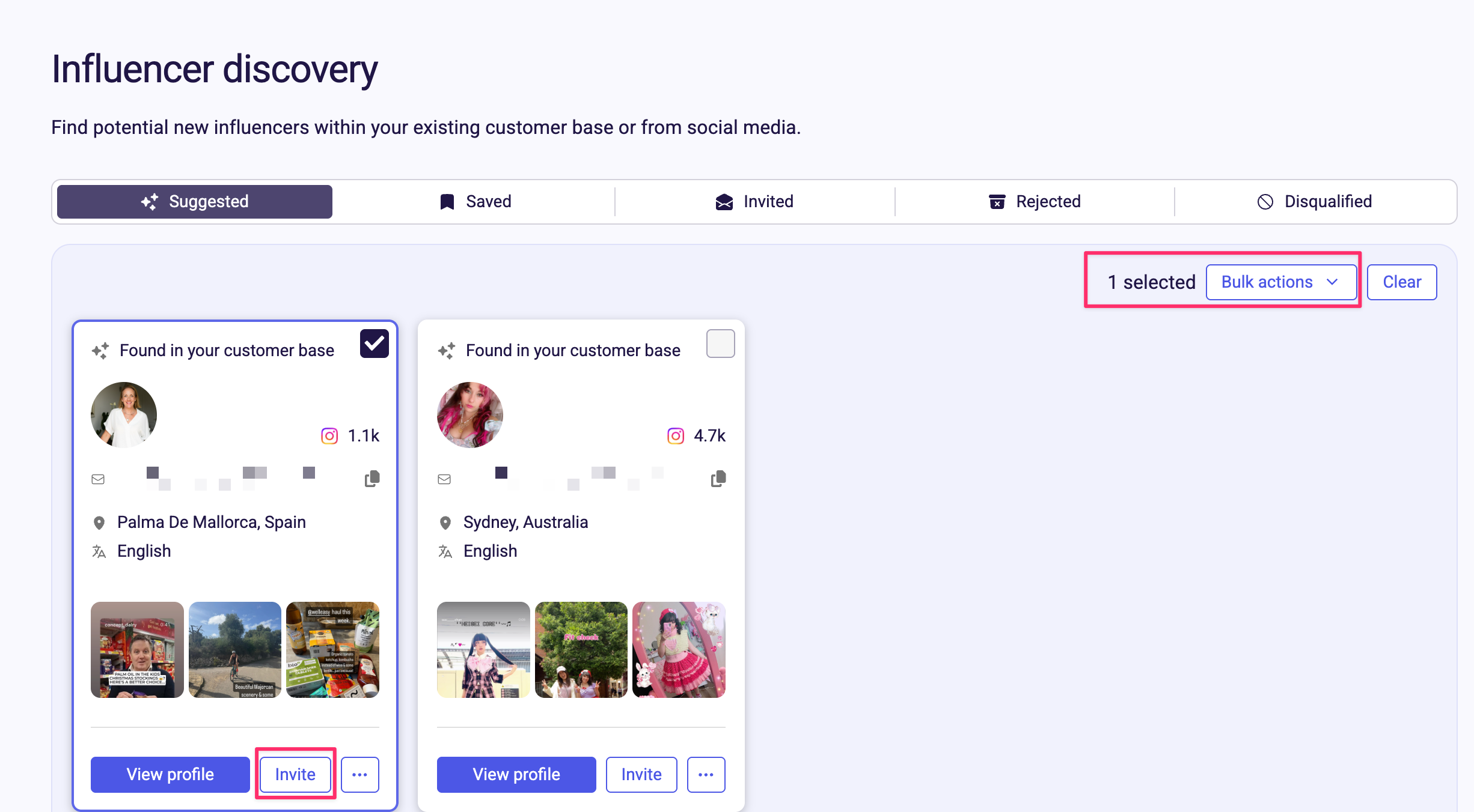 Bulk action controls for inviting or rejecting influencers