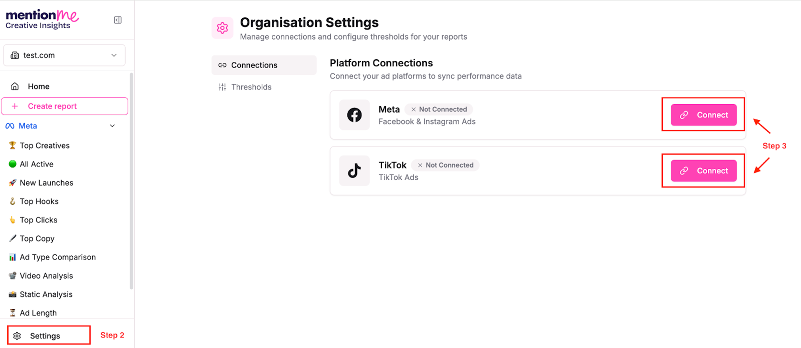 Creative Insights settings page with connect option highlighted