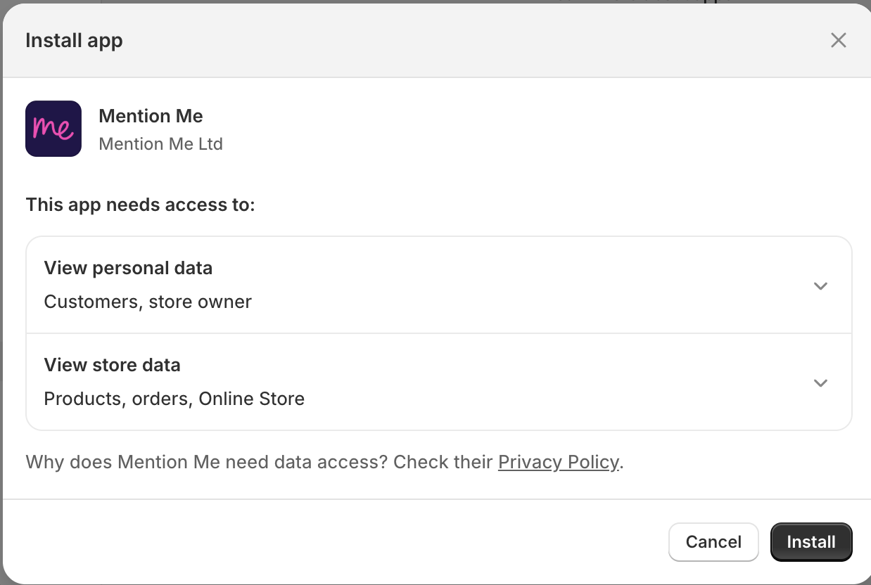 Shopify app install permissions screen