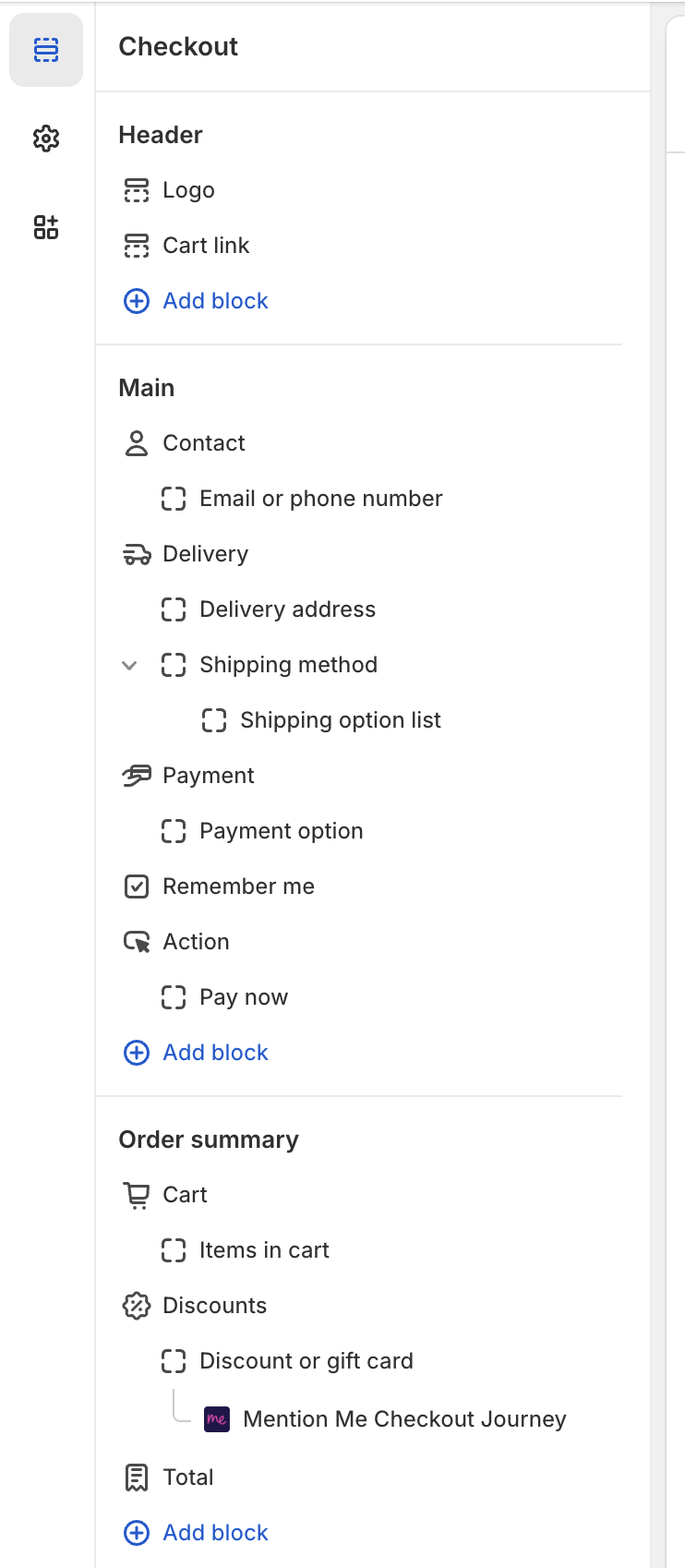 Checkout Editor showing Mention Me block