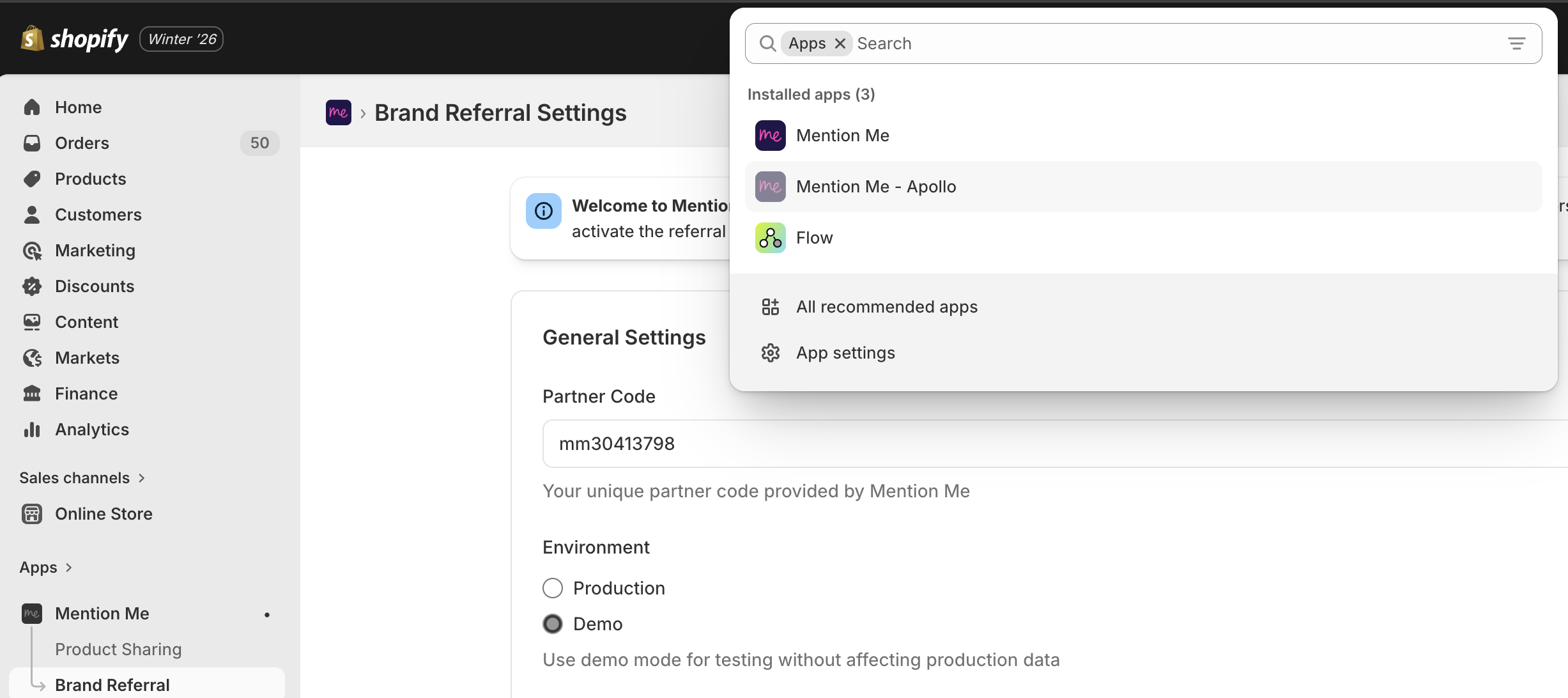 Shopify Apps menu showing old Mention Me app
