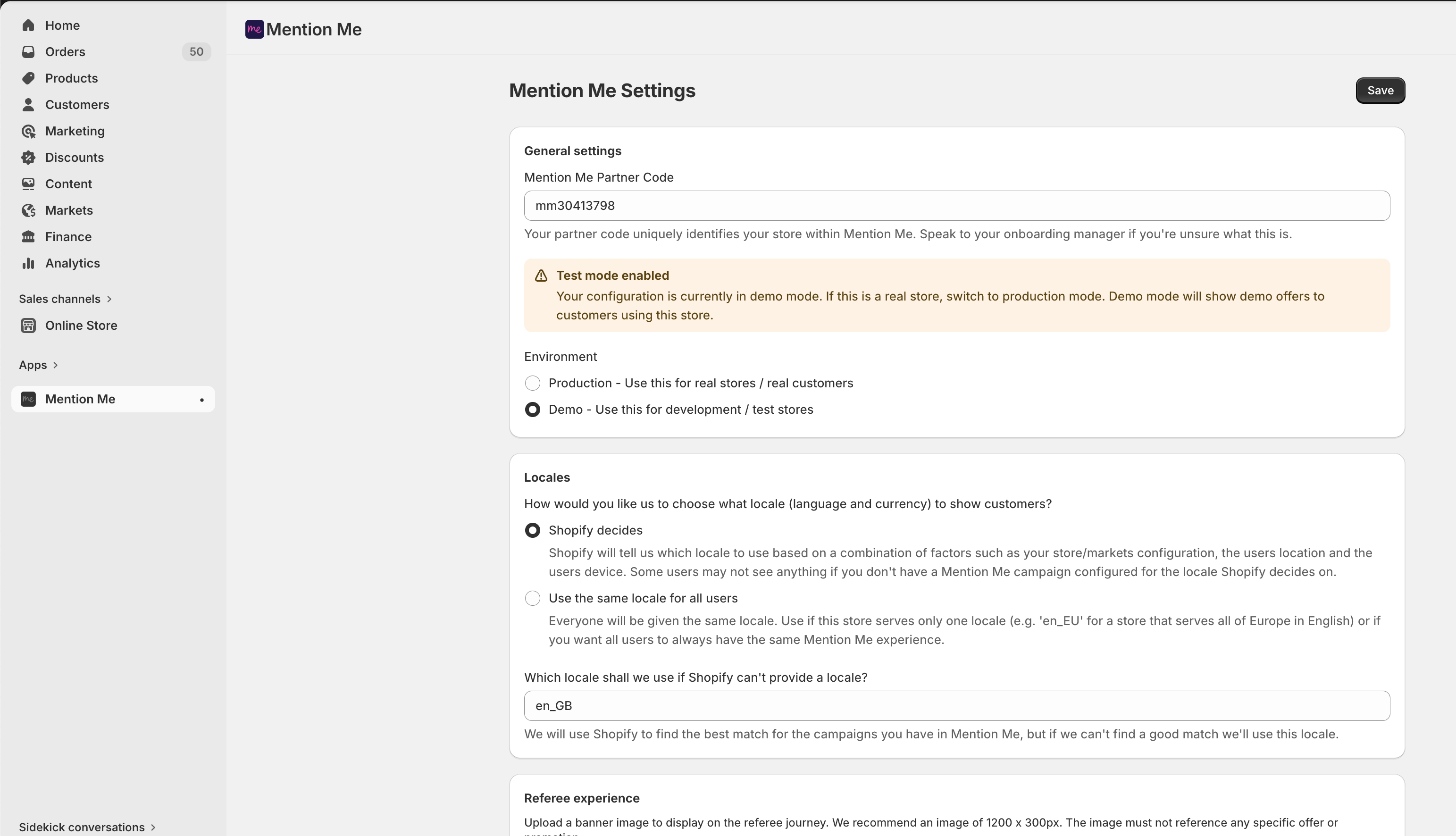Settings page of the old Mention Me app