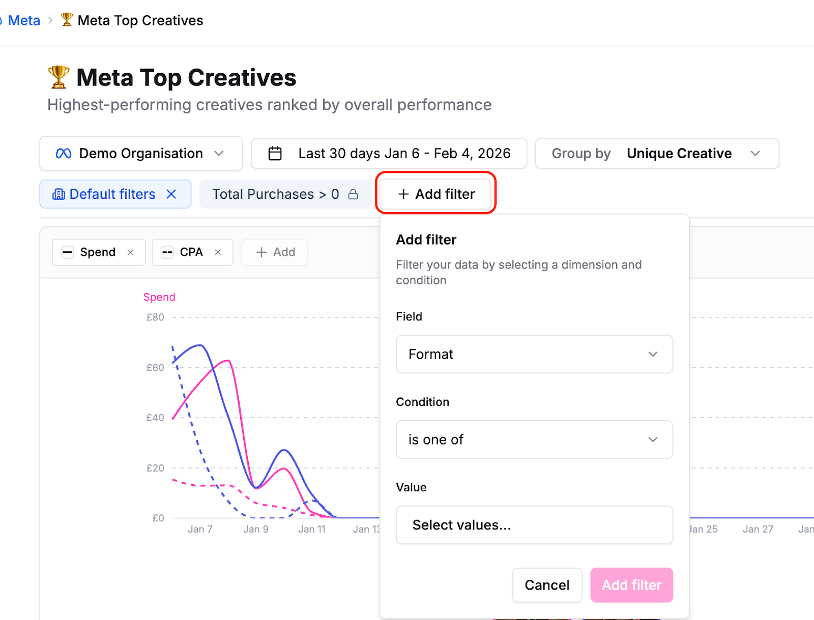 Adding and adjusting filters in Top Performers report