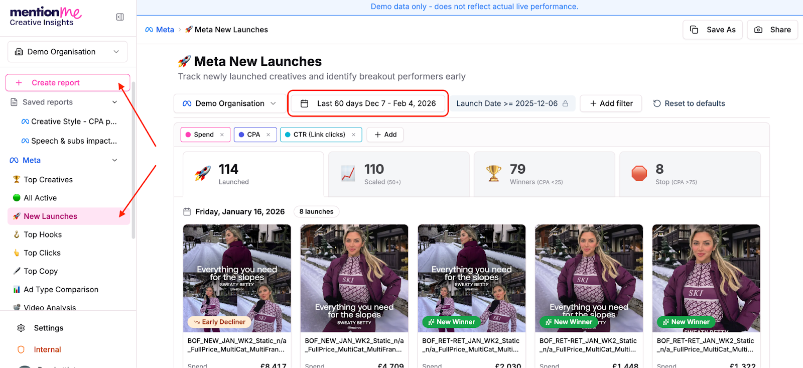 Screenshot of New Launches report creation with red arrows and box for highlighted elements