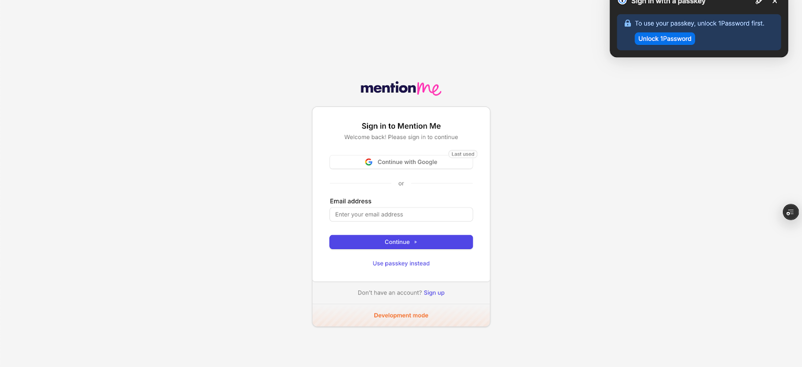Mention Me login screen