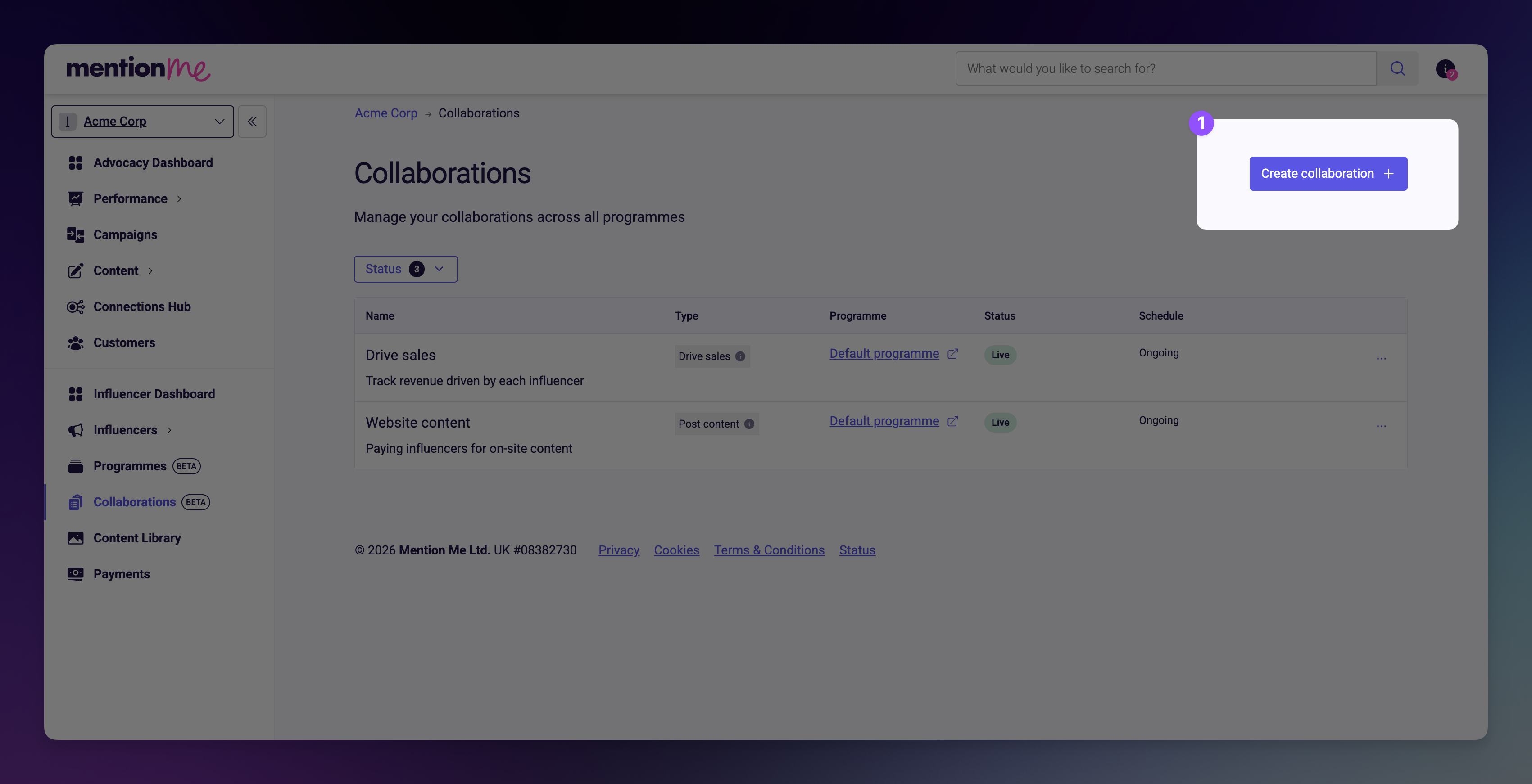 Collaborations page with Create collaboration button highlighted