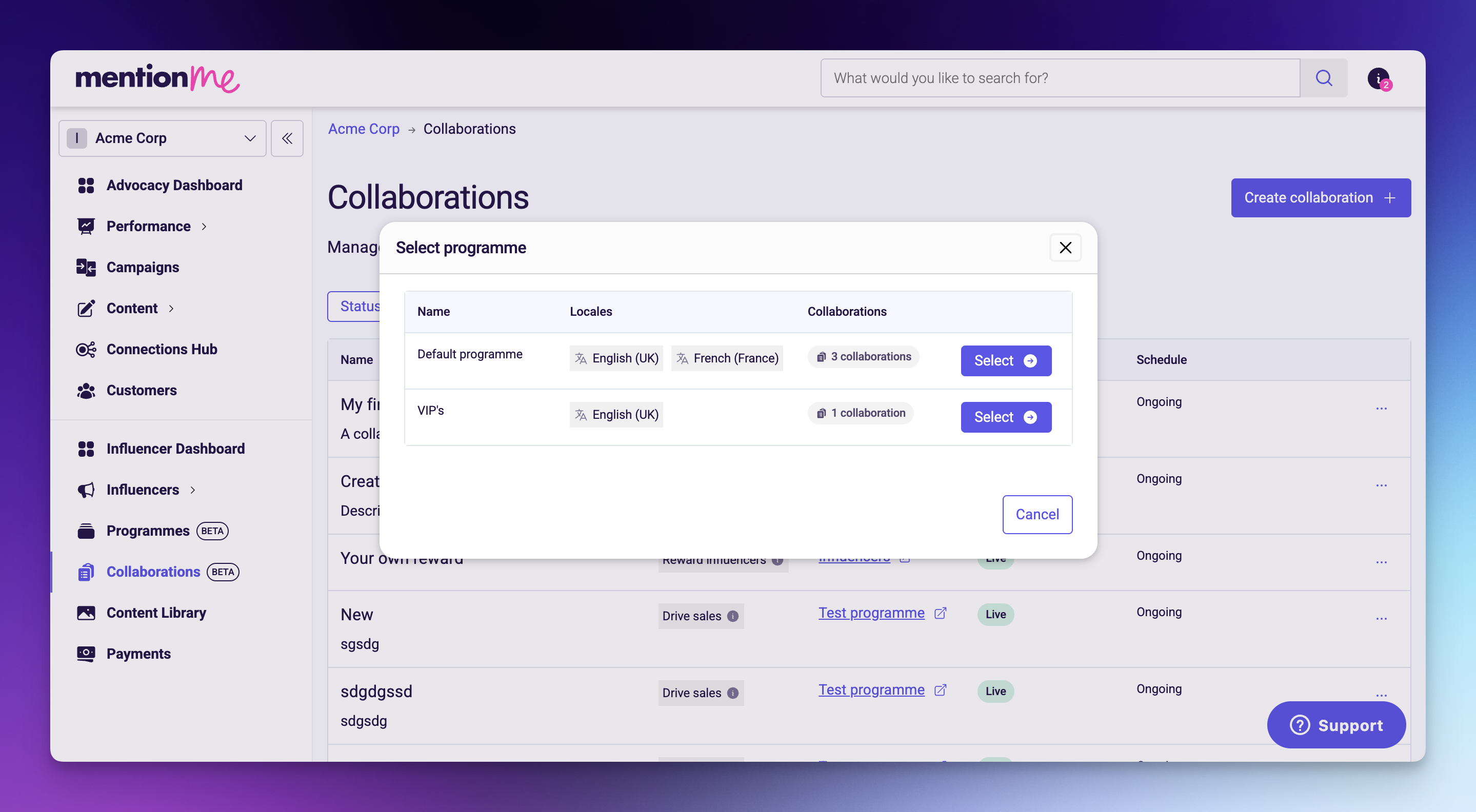 Programme selection screen when creating a collaboration
