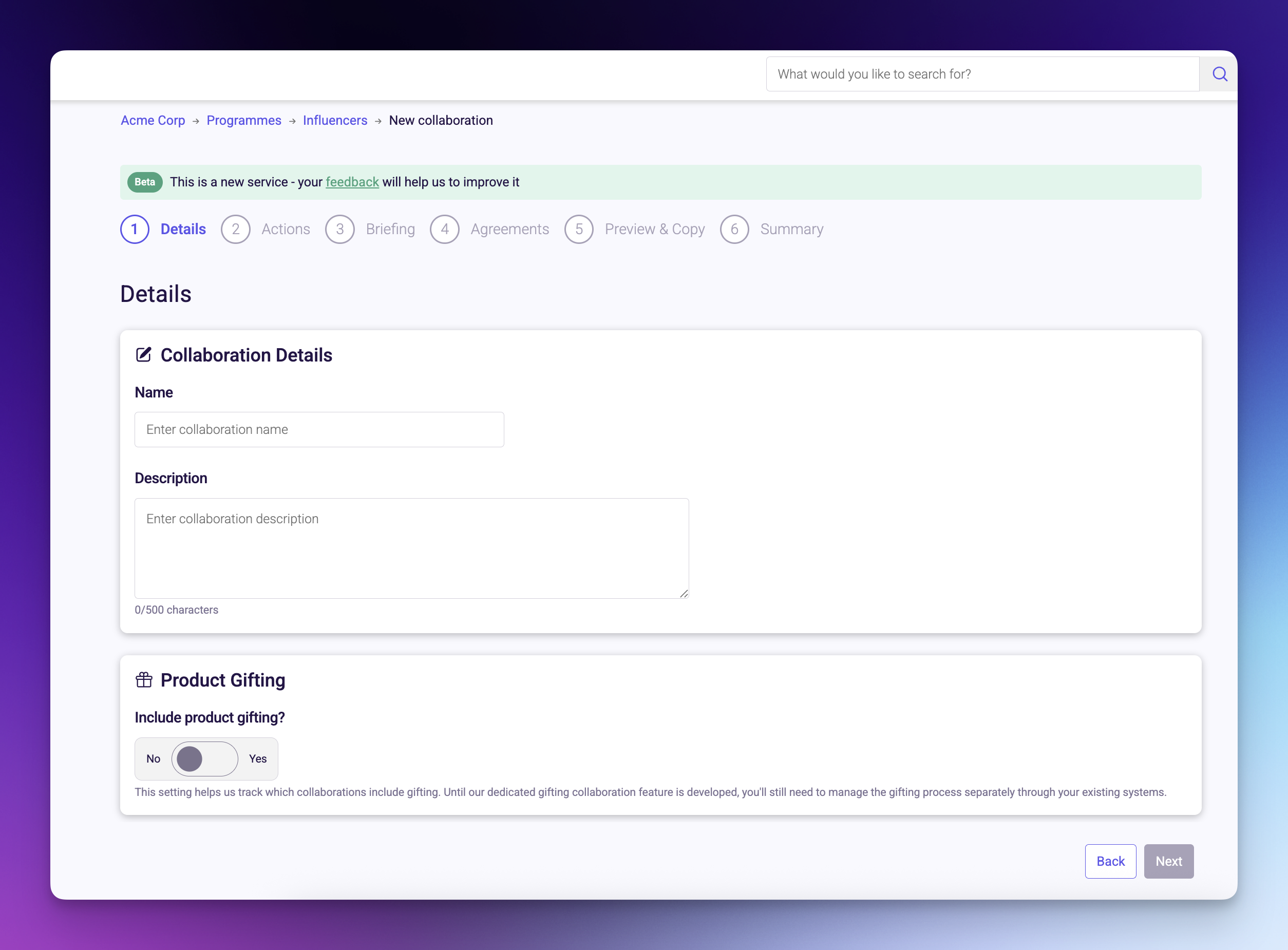 Details step form fields for collaboration setup
