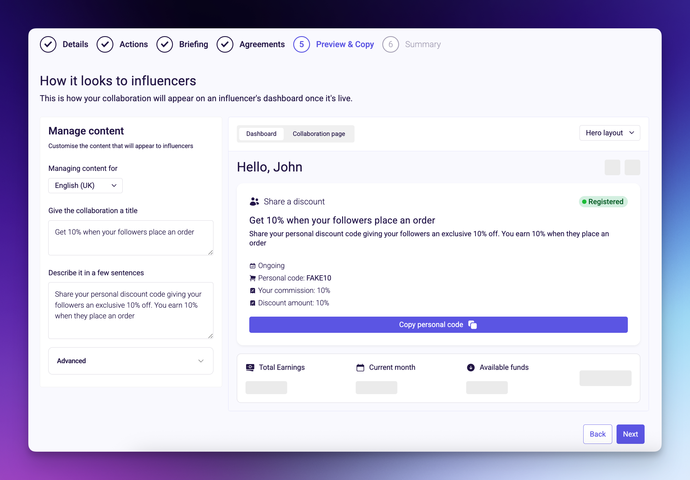Live preview of follower discount offer