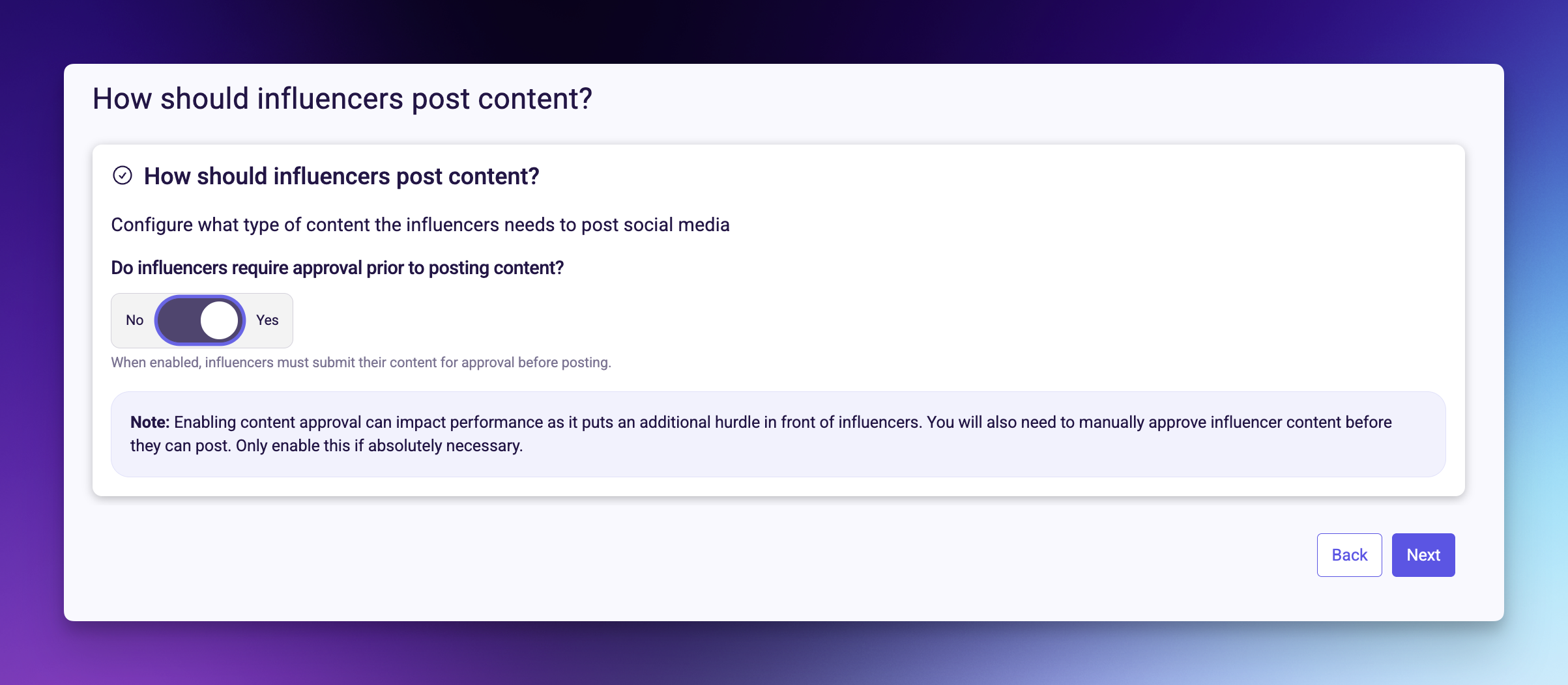 Content approval toggle option in actions step