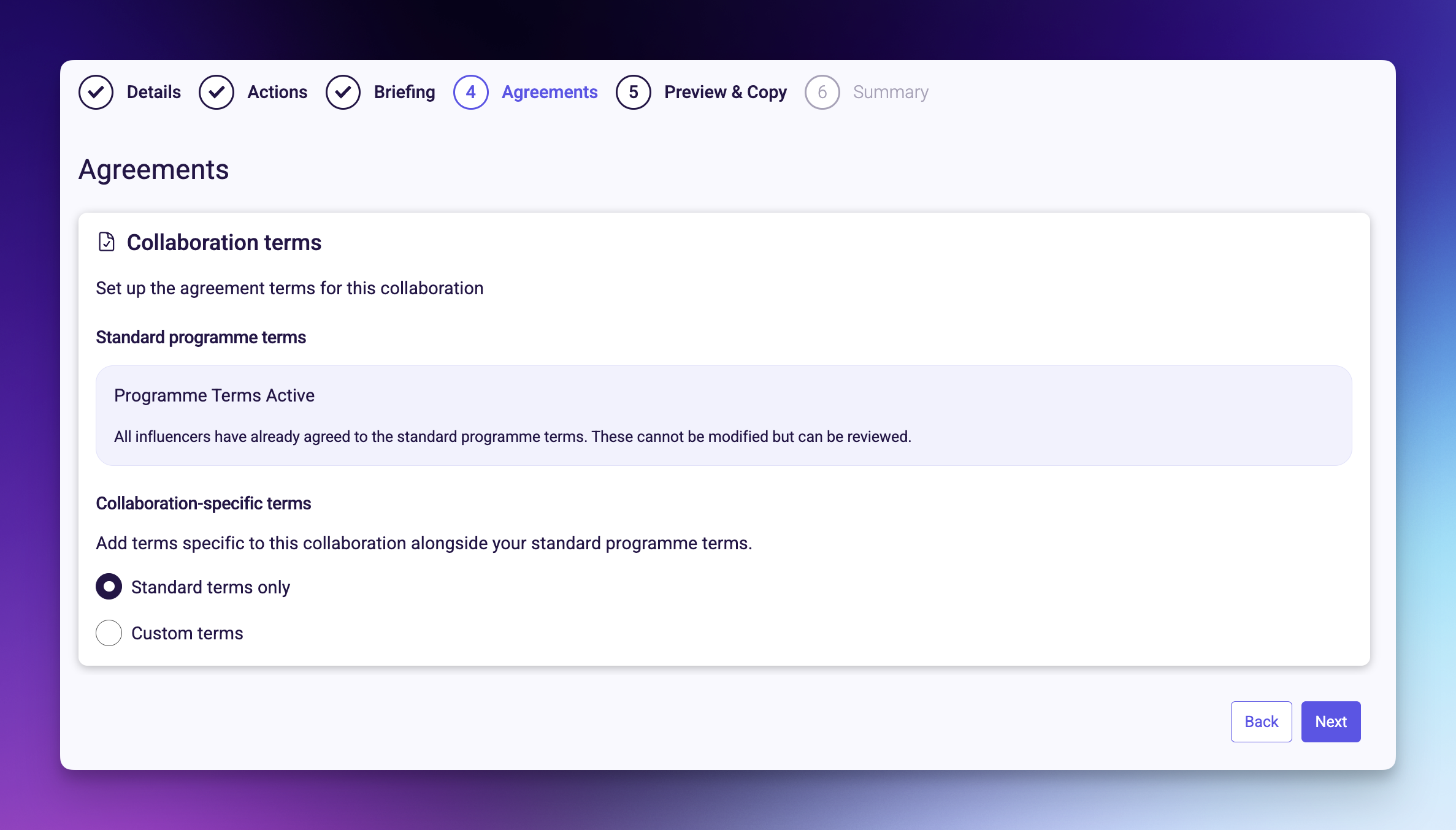 Agreements step showing terms configuration options
