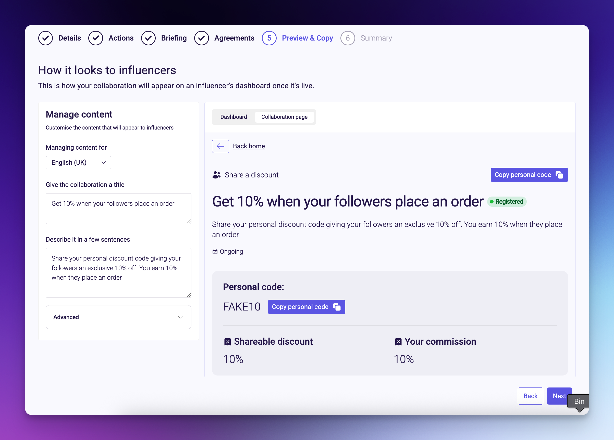 Preview and copy step showing influencer dashboard preview