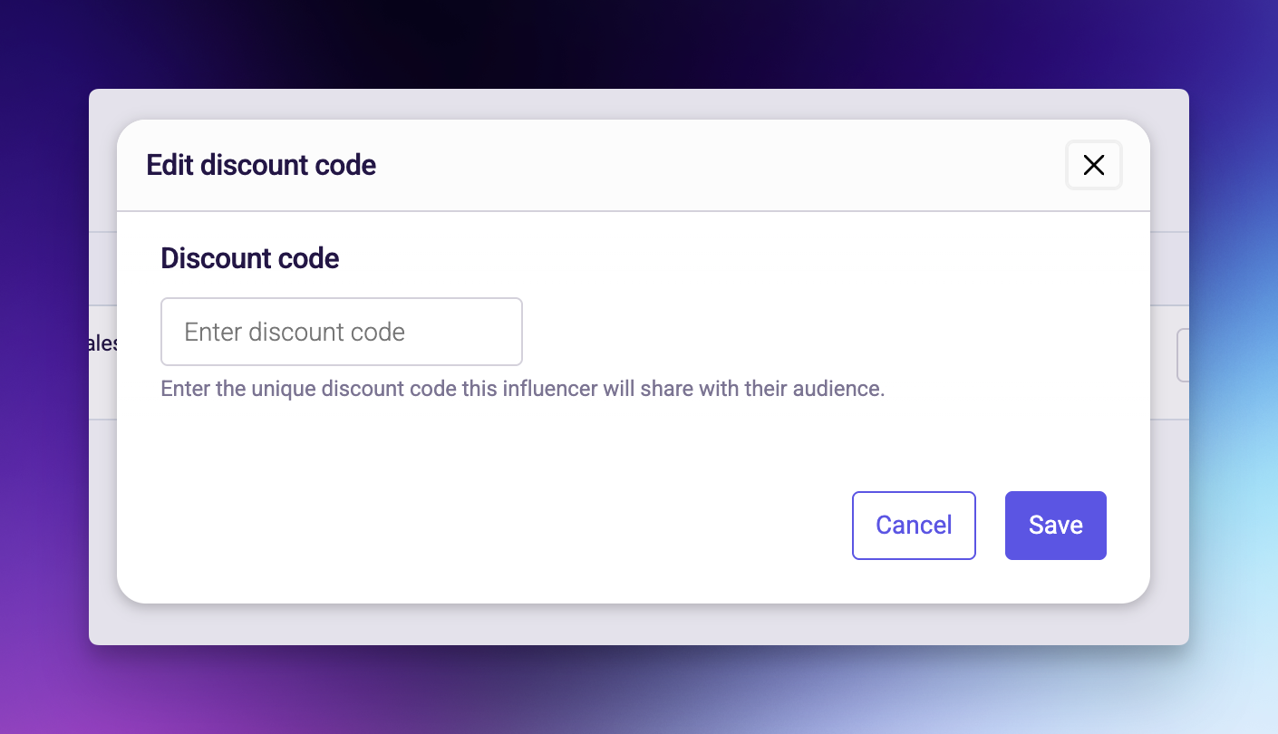 Edit discount code modal window