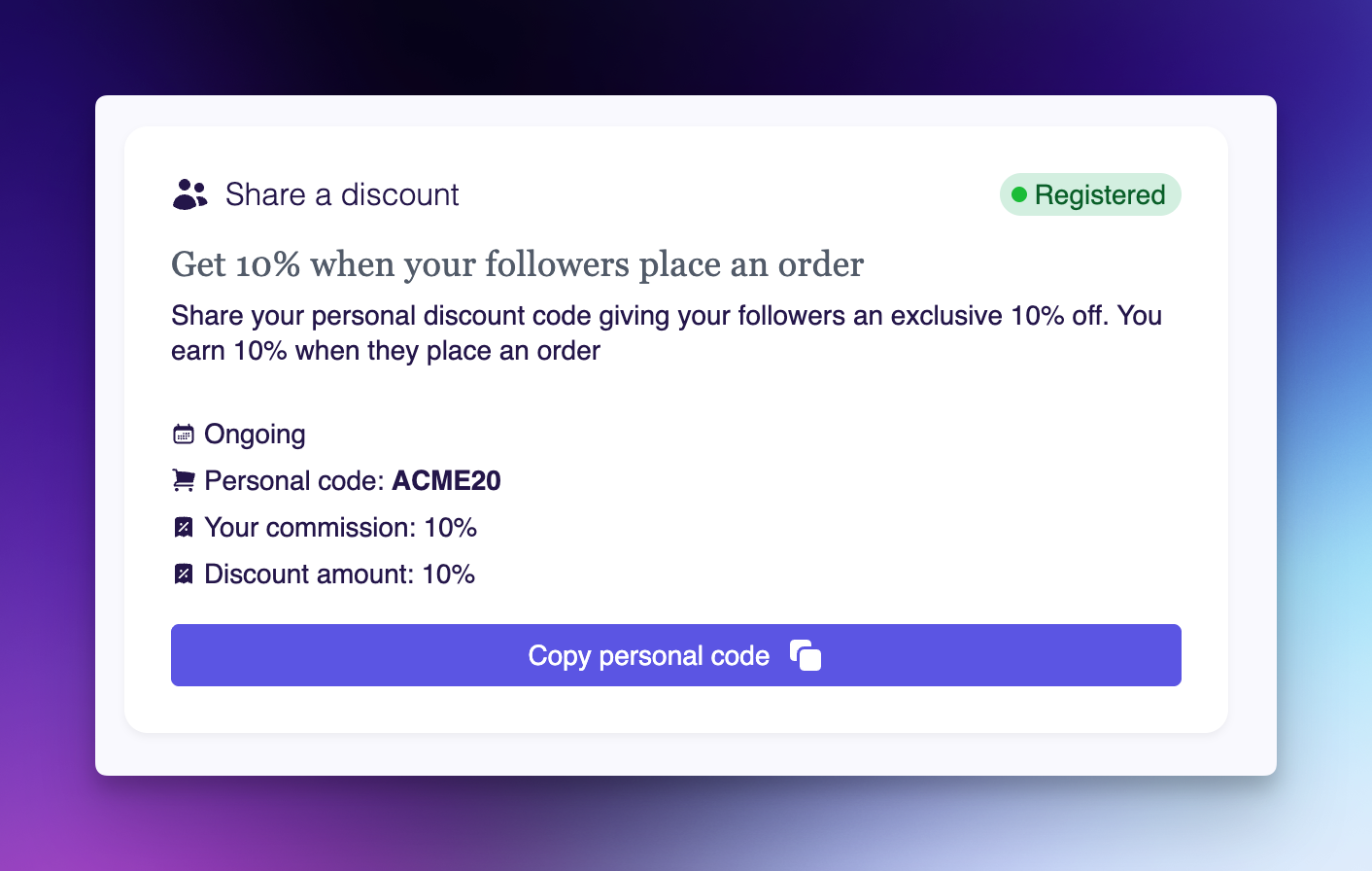 Influencer dashboard showing assigned personal discount code
