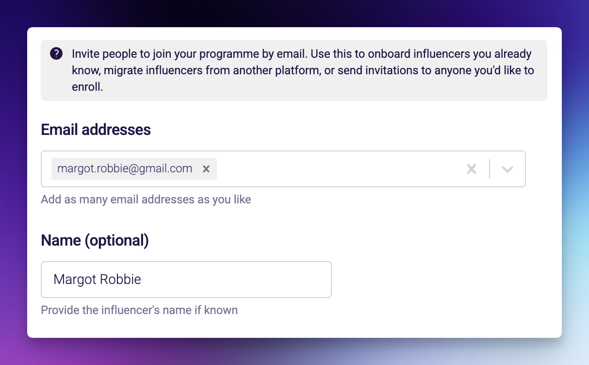 Invite modal with a single email entered showing the optional Name field