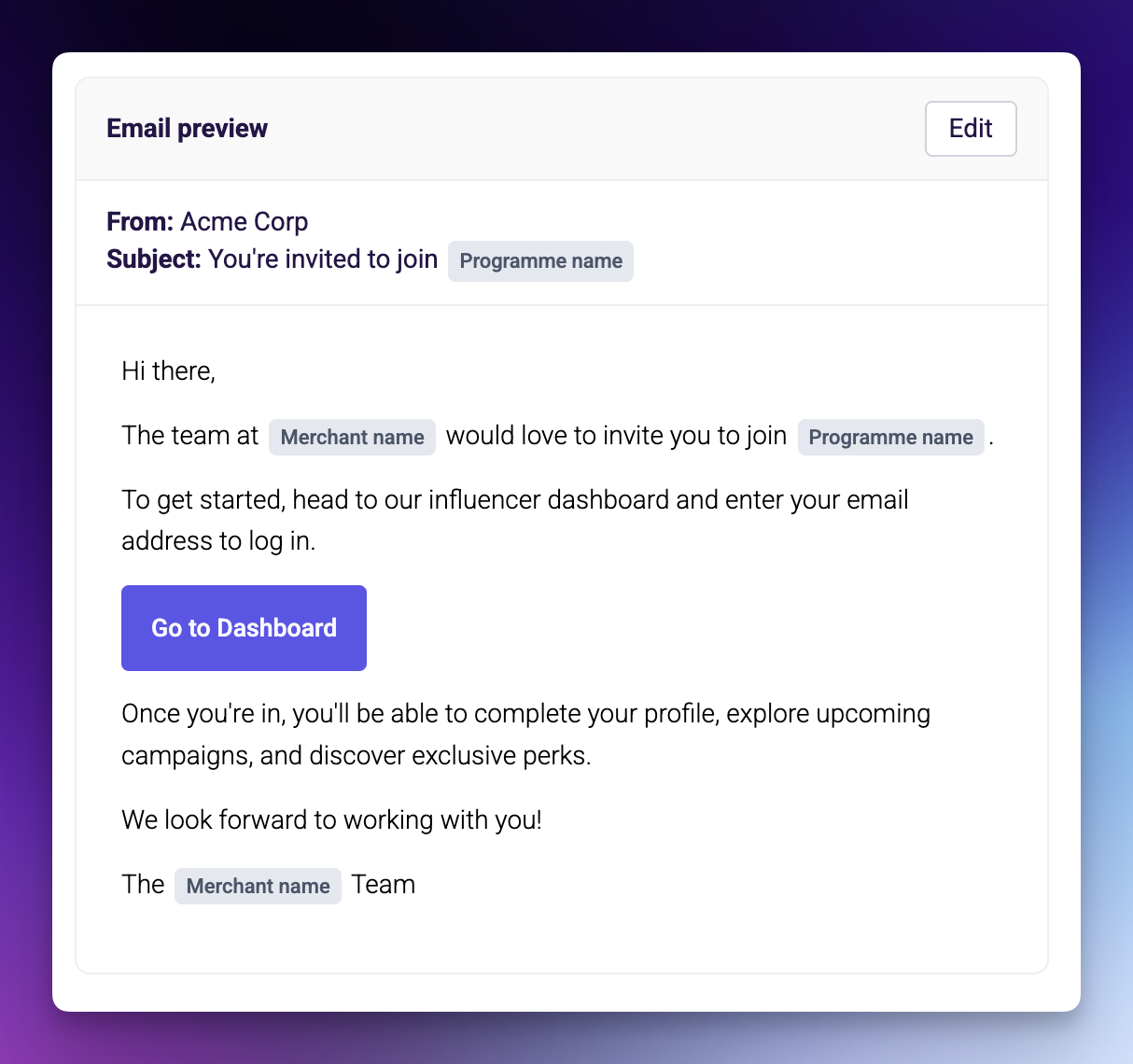 Preview of the influencer invitation email as it will appear to recipients