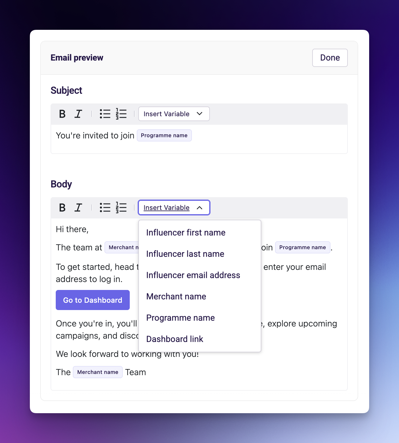 Email preview in edit mode showing editable subject and body fields with Markdown formatting