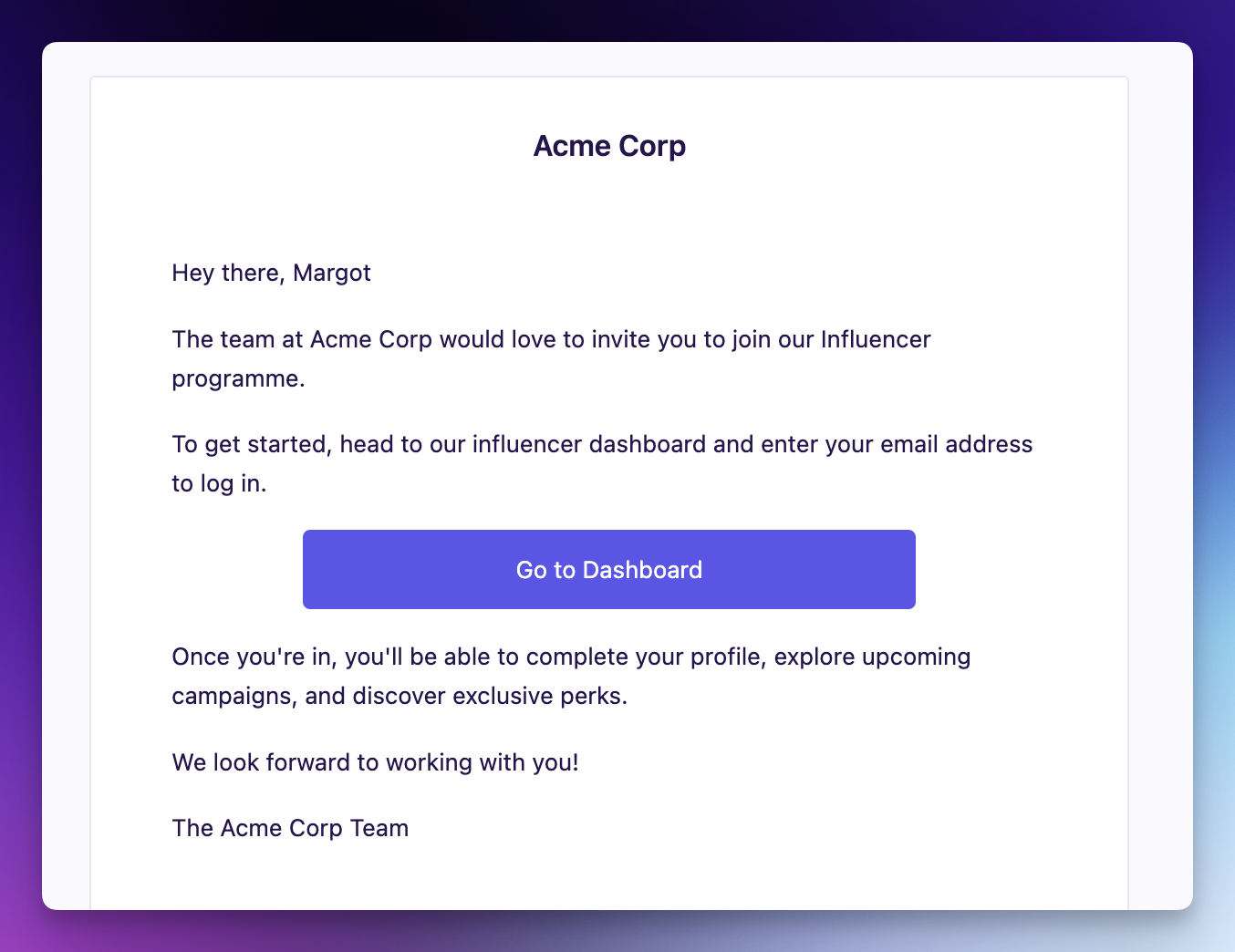 Example invitation email received by the influencer