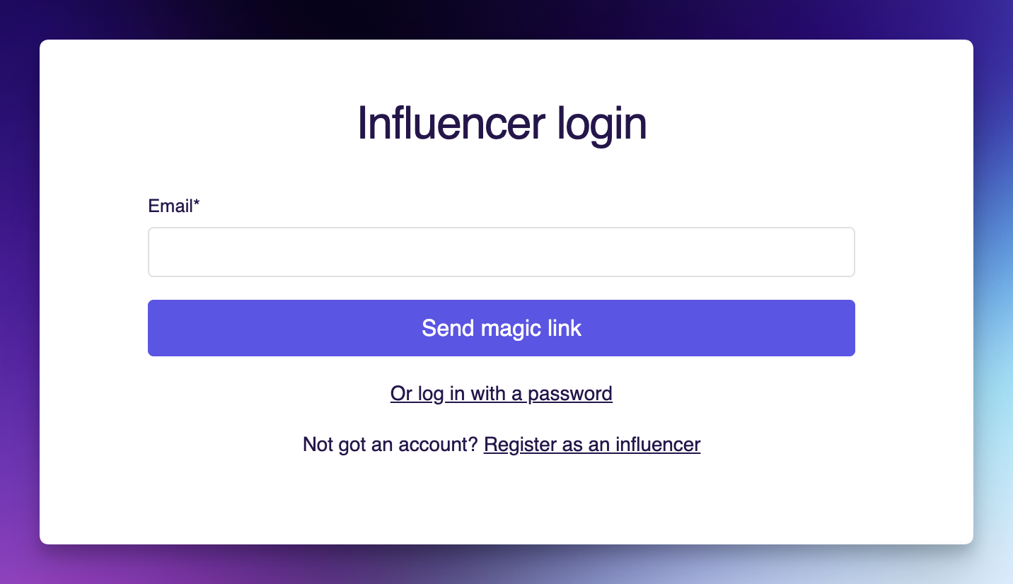 Branded influencer login page showing magic link sign-in